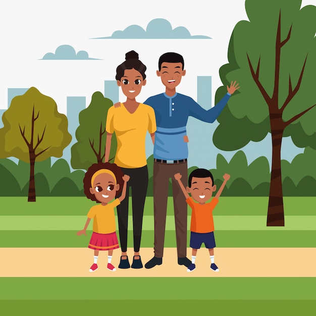 Vector cartoon happy family with kids