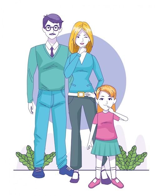 Cartoon happy family with little girl standing