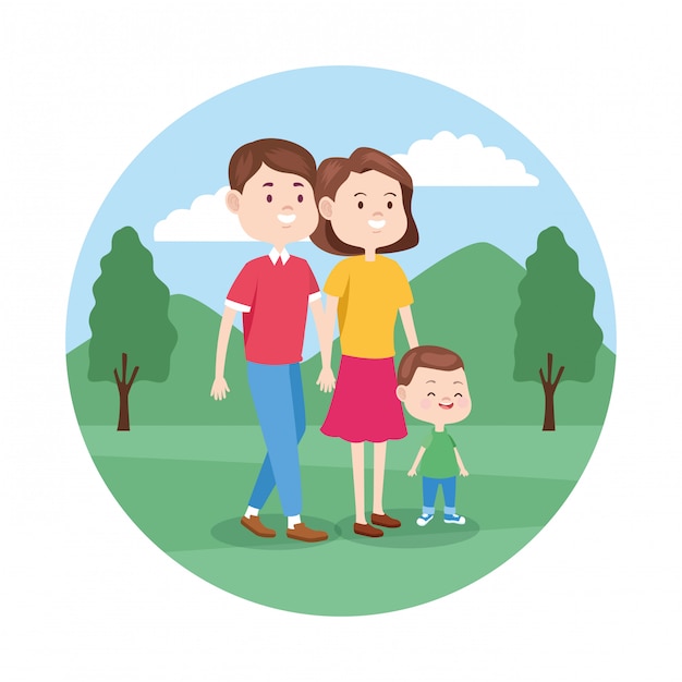 Vector cartoon happy family with their son walking