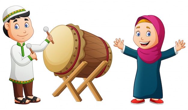 Vector cartoon happy girl and boy hitting mosque drum.   illustration