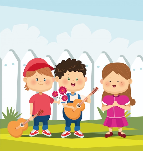 Cartone animato felice ragazza e ragazzo con fiori e altro ragazzo a suonare la chitarra sul recinto bianco