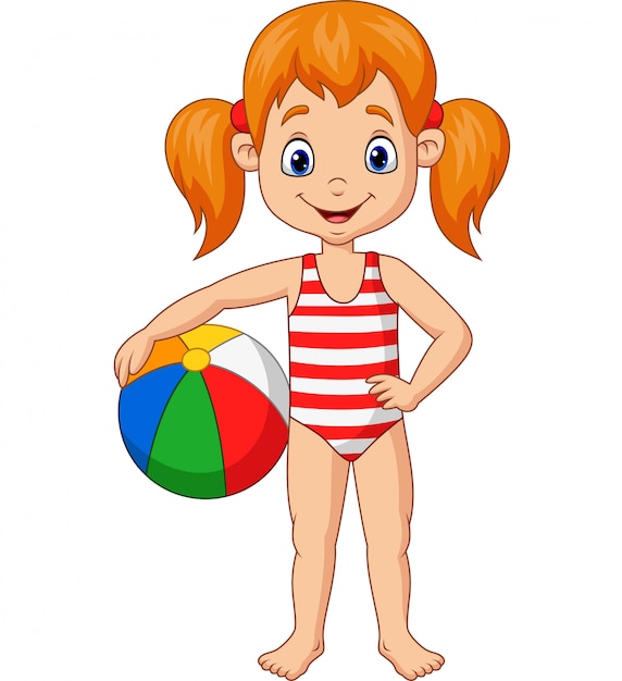 Cartoon happy girl holding a beach ball