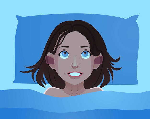 Vector cartoon happy girl in pajamas lies contented in silence with ear plugs