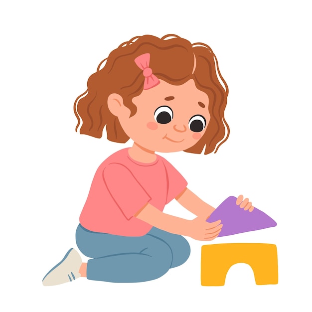 Cartoon happy girl playing with blocks and smiling Cute vector illustration isolated on white background