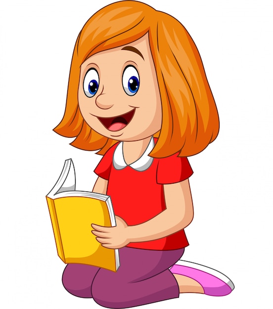 Cartoon happy girl reading a book