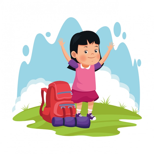 Cartoon happy girl with camping backpack and sleeping bag