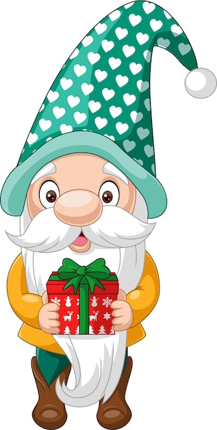 Vector cartoon happy gnomes holding a gift