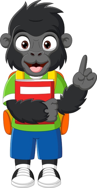 Vector cartoon happy gorilla with backpack and book pointing up