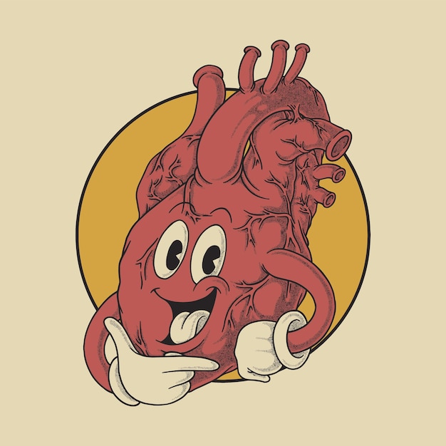 Vector cartoon happy heart with retro style