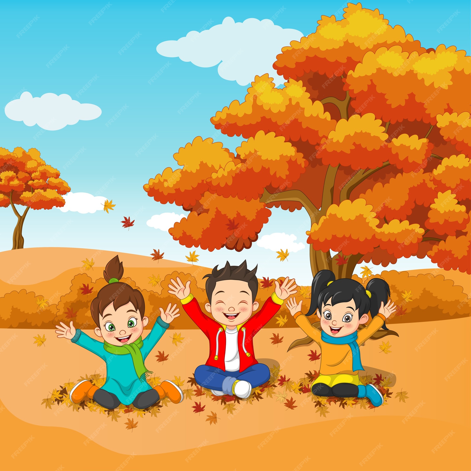 Premium Vector | Cartoon happy kids playing in autumn background