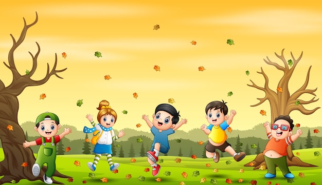 Cartoon Happy kids playing in autumn background