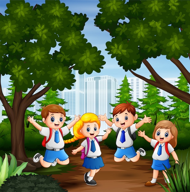 Cartoon happy kids in school uniform at city