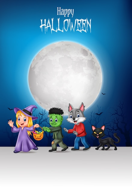 Cartoon happy kids with halloween background