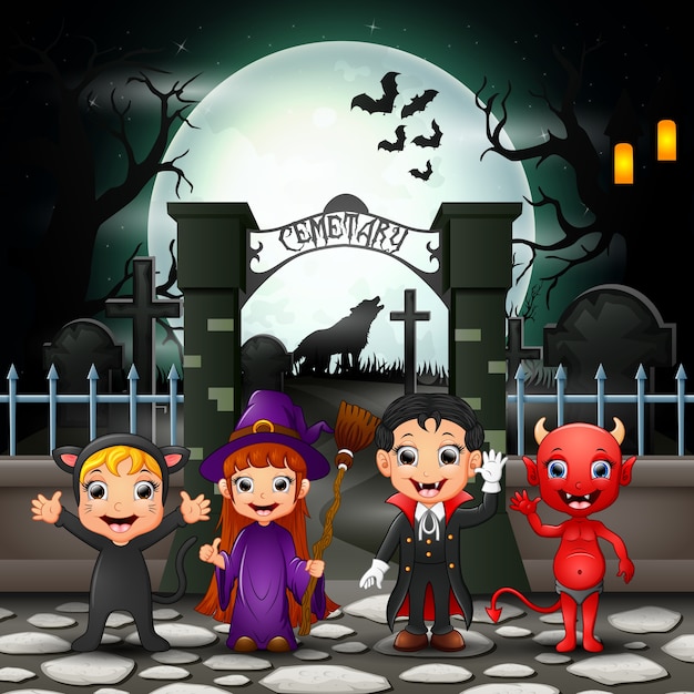 Cartoon happy kids with Halloween costume