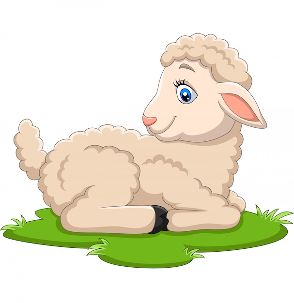 Cartoon happy lamb sitting on the grass