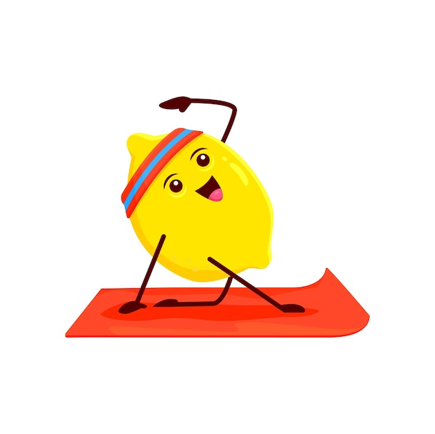 Cartoon happy lemon fruit character yoga fitness