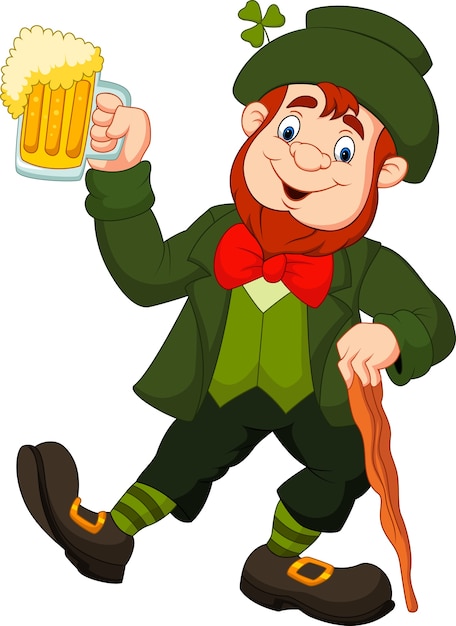 Cartoon felice leprechaun tenendo la birra