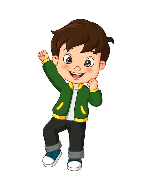 Cartoon happy little boy in green jacket