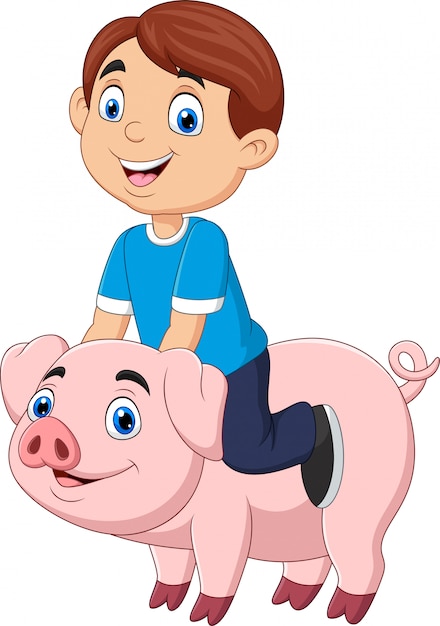 Vector cartoon happy little boy riding pig