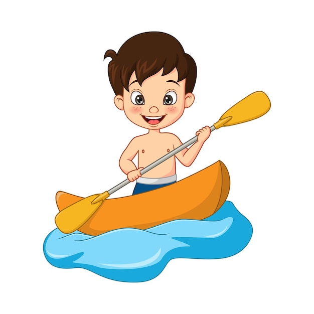 Cartoon happy little boy rowing a boat