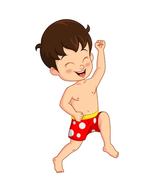 Cartoon happy little boy in a summer swimsuit