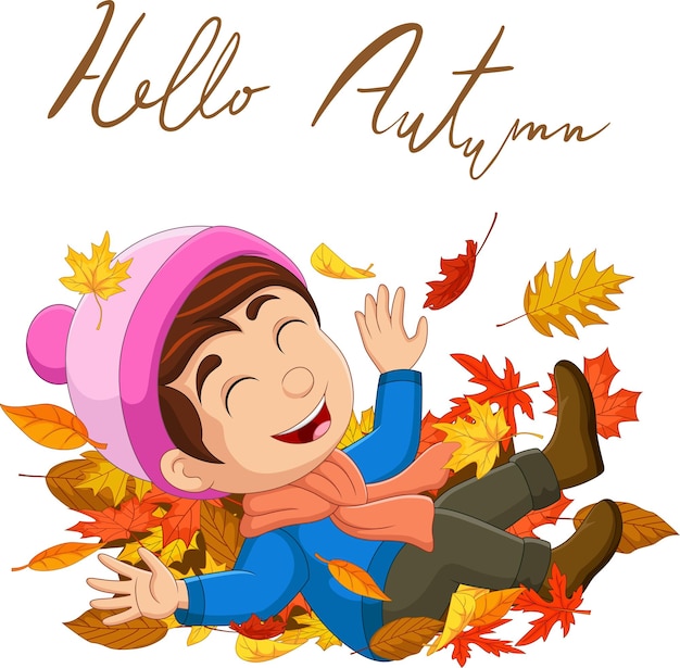 Cartoon happy little boy with autumn leaves