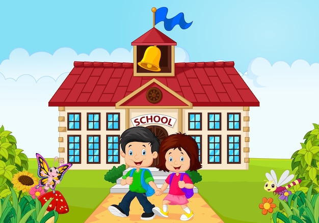 Vector cartoon happy little kids on school building background
