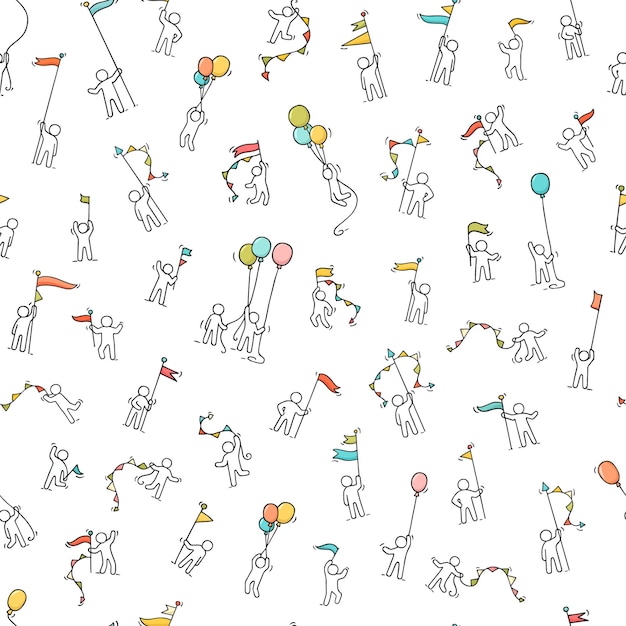 Cartoon happy little people with garlands and flags. Seamless pattern with positive humans. Hand drawn cartoon for celebration background.