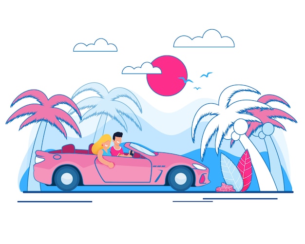 Cartoon happy man and woman, married couple driving car along tropic beach with palms and coconut trees on landscape