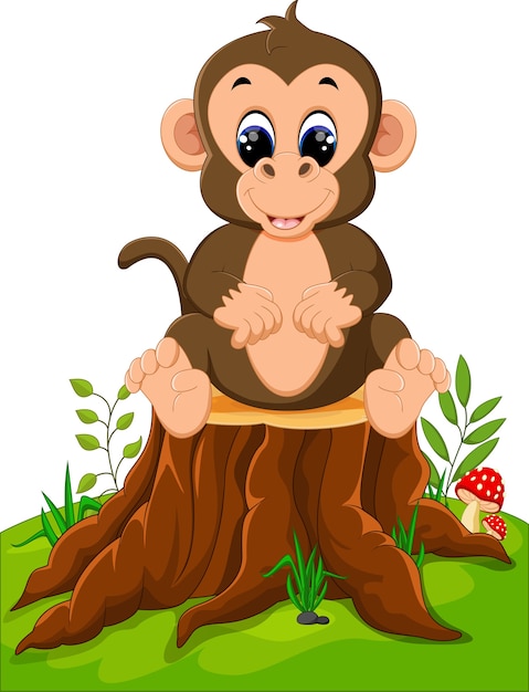 Cartoon happy monkey presenting on tree stump