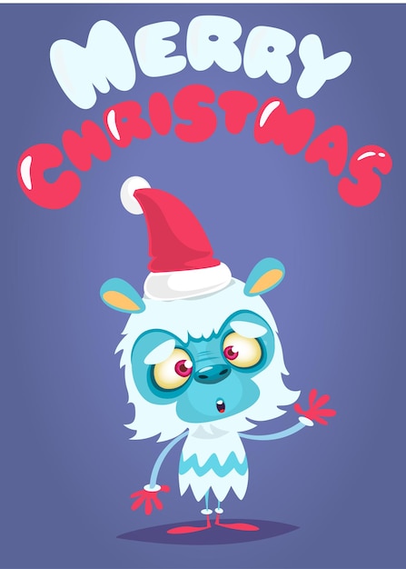 Вектор Счастливый монстр из мультфильма с забавным выражением лица в шляпе санта-клауса пригласительная карточка или плакат на рождественскую вечеринку новый год