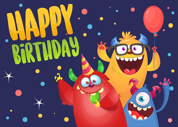 Mostri felici di cartoni animati con diverse espressioni facciali carta d'invito o poster per feste di compleanno illustrazione vettoriale