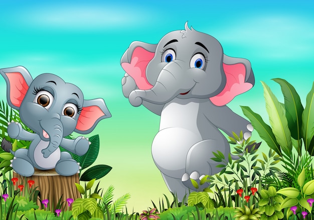 Cartoon happy mother and baby elephant in the park