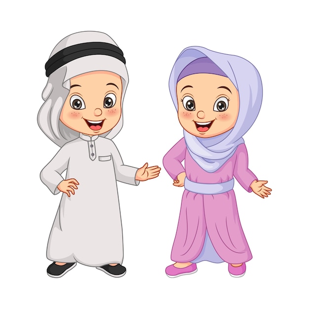 Cartoon happy muslim arabian kids illustration