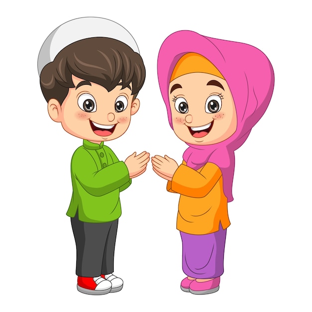 Cartoon happy muslim boy and girl
