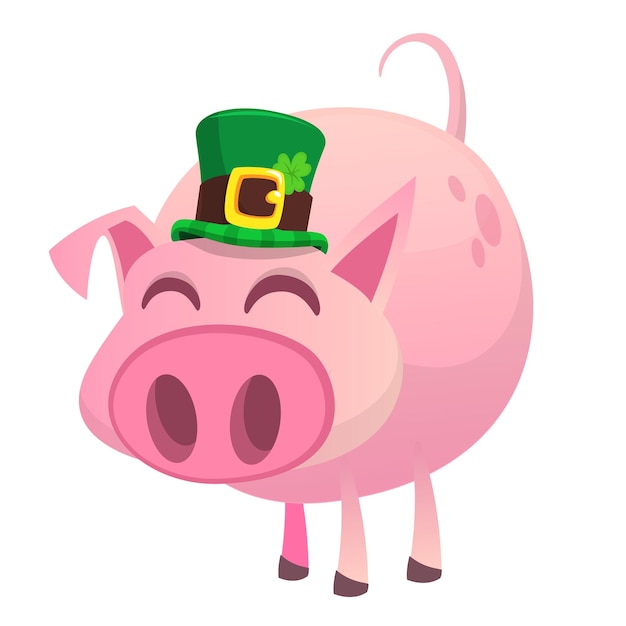 聖パトリックの日のパーティーのポスター デザインのクローバー ベクトル図と聖パトリックの帽子を身に着けている漫画幸せな豚