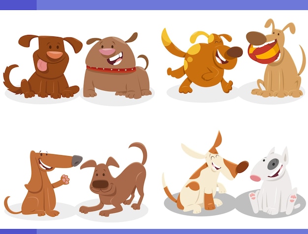 Vector cartoon happy playful dogs comic characters set