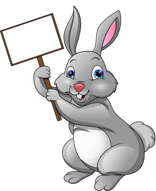 Cartoon happy rabbit and blank sign