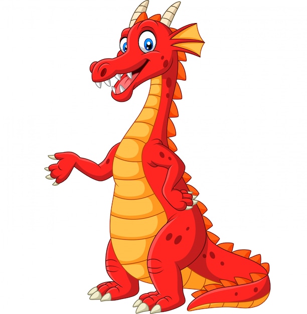 Vector cartoon happy red dragon presenting