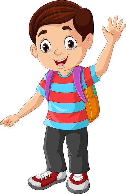 Cartoon happy school boy waving hand