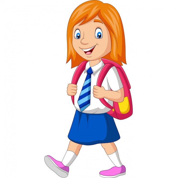 Vector cartoon happy school girl in uniform carrying backpack