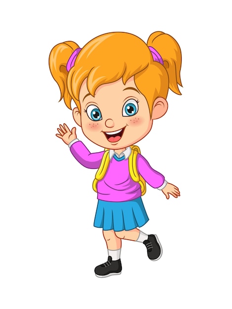 Cartoon happy school girl waving hand