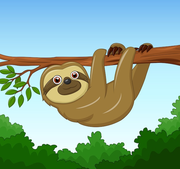 Vector cartoon happy sloth hanging on the tree