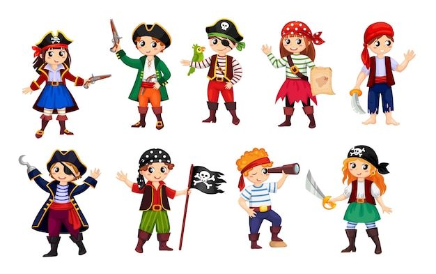 Вектор Мультяшный счастливый улыбающийся мальчик-пират и девочка-корсар