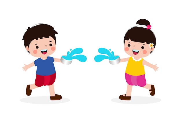 Cartoon Happy Songkran-festivalkinderen met waterpistool en waterkom genieten van opspattend water in het thais