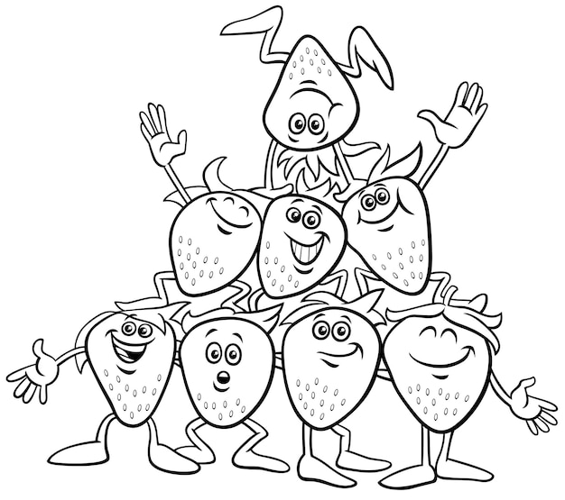 Cartoon happy strawberries group coloring page