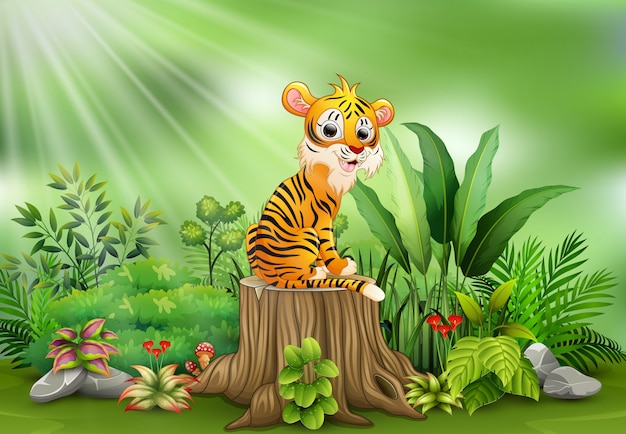 Cartoon happy tiger sitting on tree stump with green plants