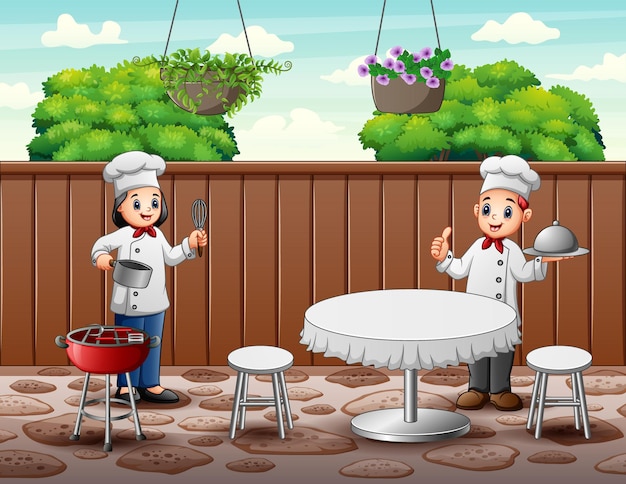 Cartoon happy two chefs deliver food for customer