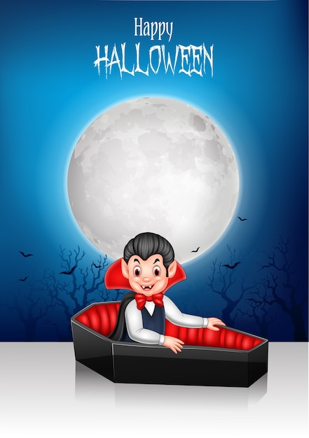 Cartoon happy vampire in his coffin with halloween background