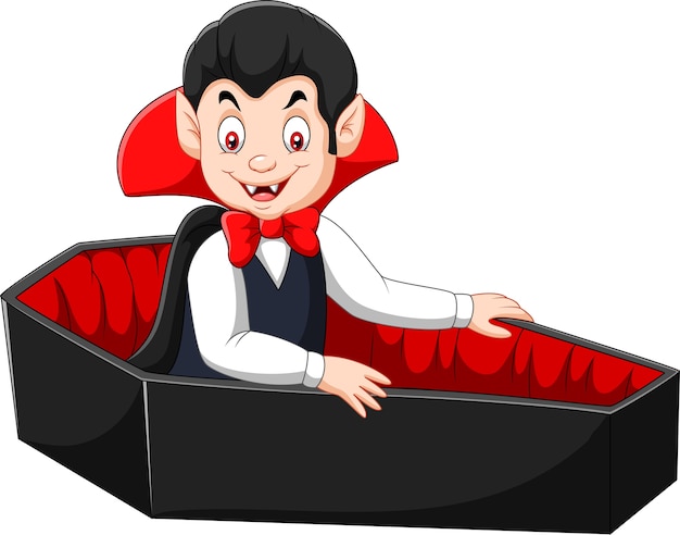 Cartoon happy vampire in his coffin